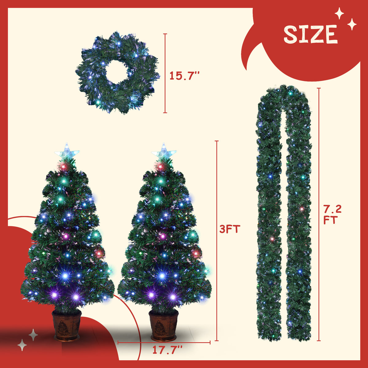 Set sizes — 3 ft entrance trees, 7.2 ft garland and 15.7 in wreath