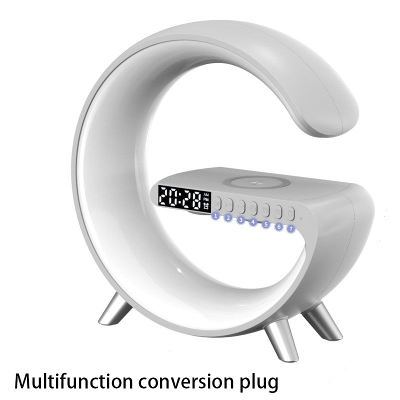 White G-shaped lamp with clock display
