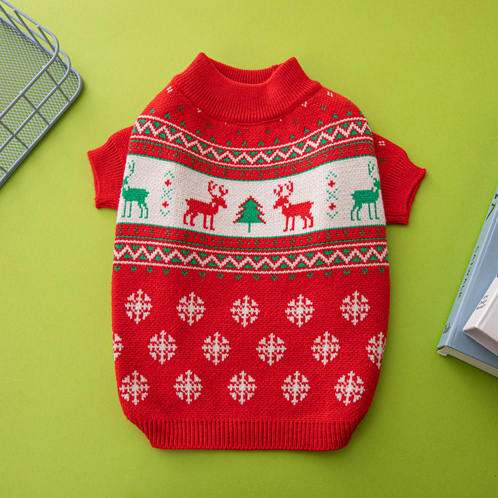 Red Christmas dog sweater with reindeer, tree and snowflake knit, front