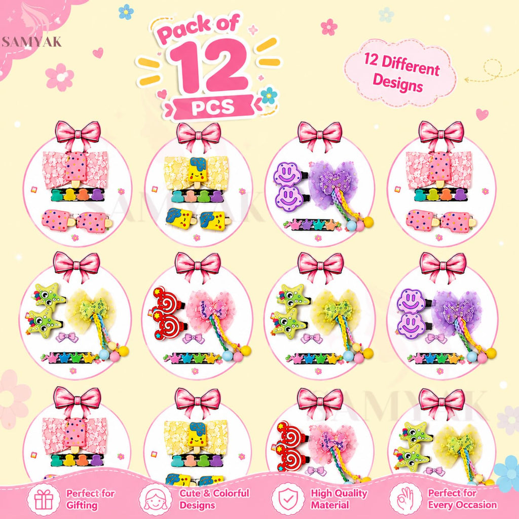 Samyak Kids Hair Clips Set - Mini Clips | Multi Design Cute Bow Clips For Navratri Kanjak Gifts 12 Combo Set