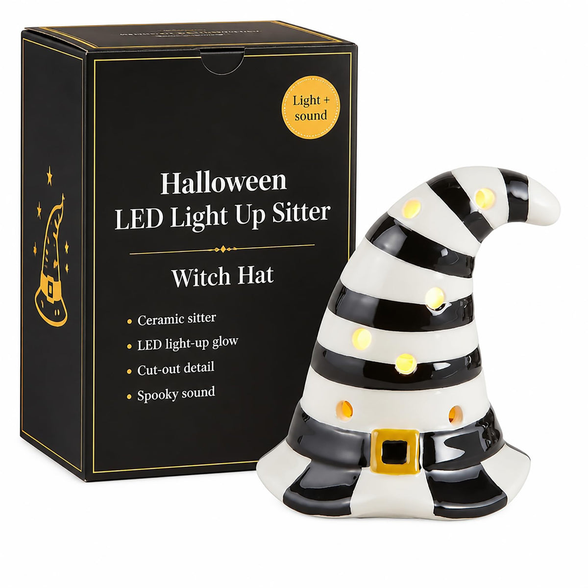 Mud Pie Halloween Light-Up Witch Hat Sitter – Ceramic LED Decor with Sound