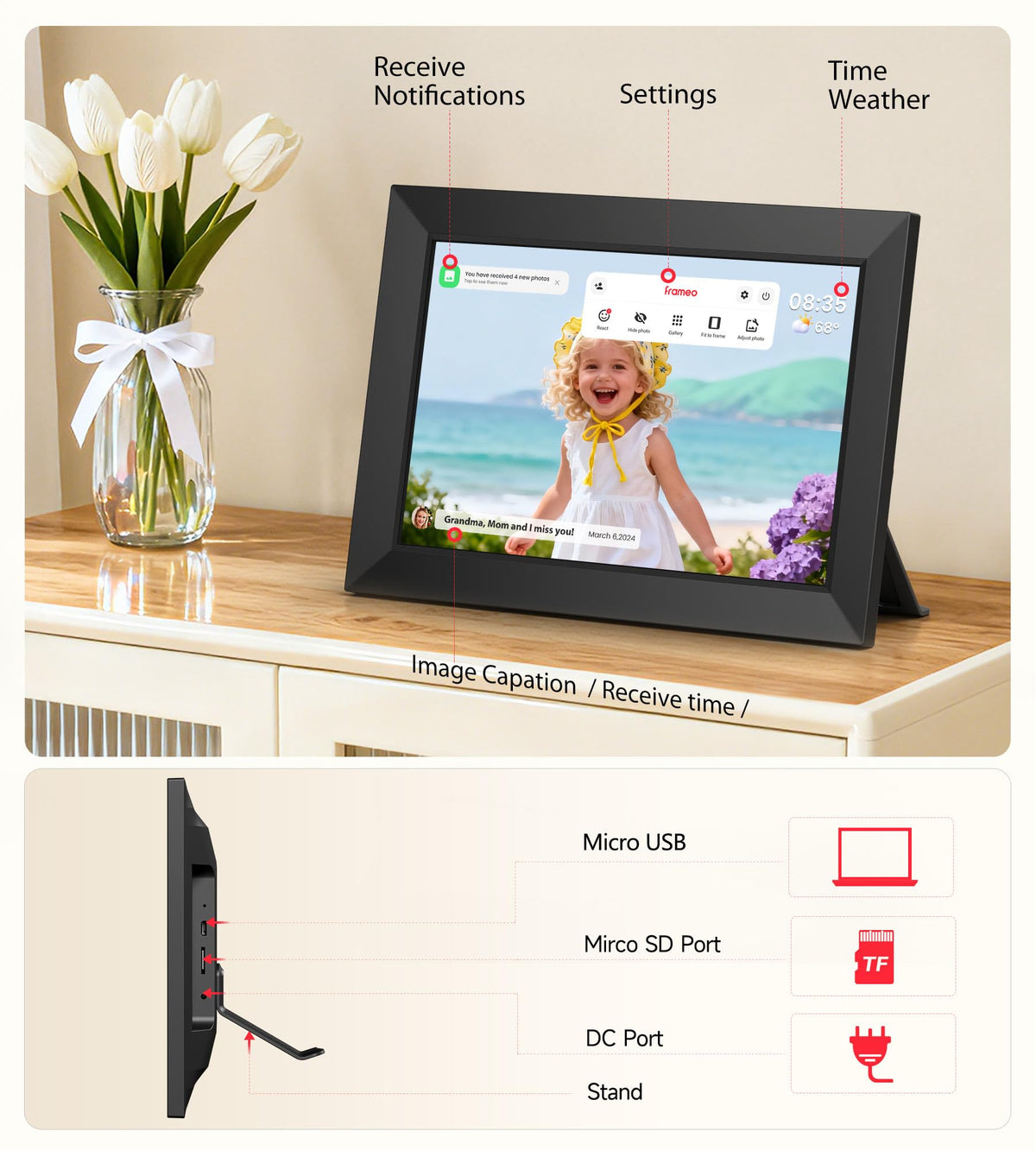 BIGASUO 10.1 in WiFi Digital Picture Frame with Frameo App – 32GB, IPS Touch Screen