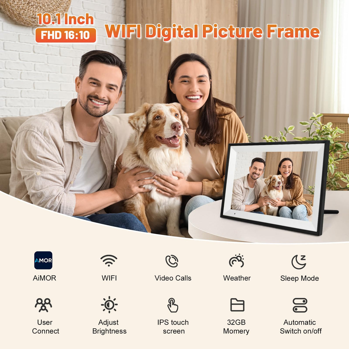 Anna Bella 10.1 in WiFi Digital Photo Frame – 1280x800 IPS Touch Screen, 32GB, App Sharing