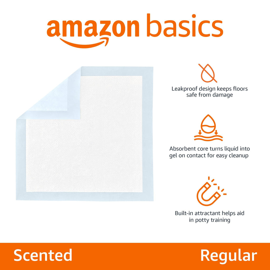 Amazon Basics Puppy Training Pads, 5-Layer Leakproof Design, Quick-Dry Surface, Regular 56 x 56 cm, Pack of 50, Blue