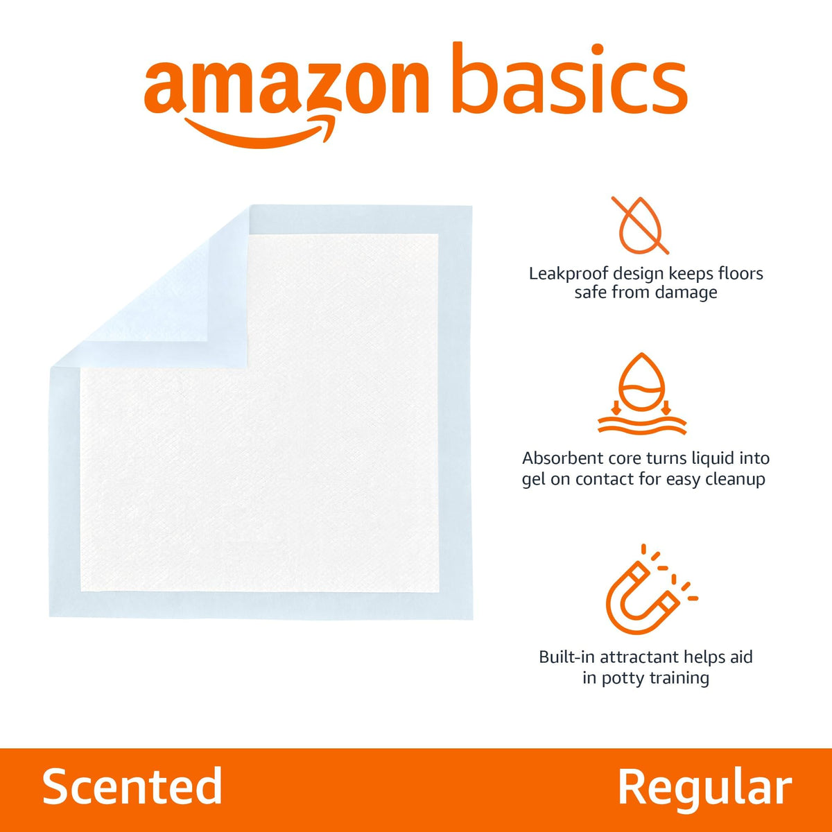 Amazon Basics Puppy Training Pads, 5-Layer Leakproof Design, Quick-Dry Surface, Regular 56 x 56 cm, Pack of 50, Blue