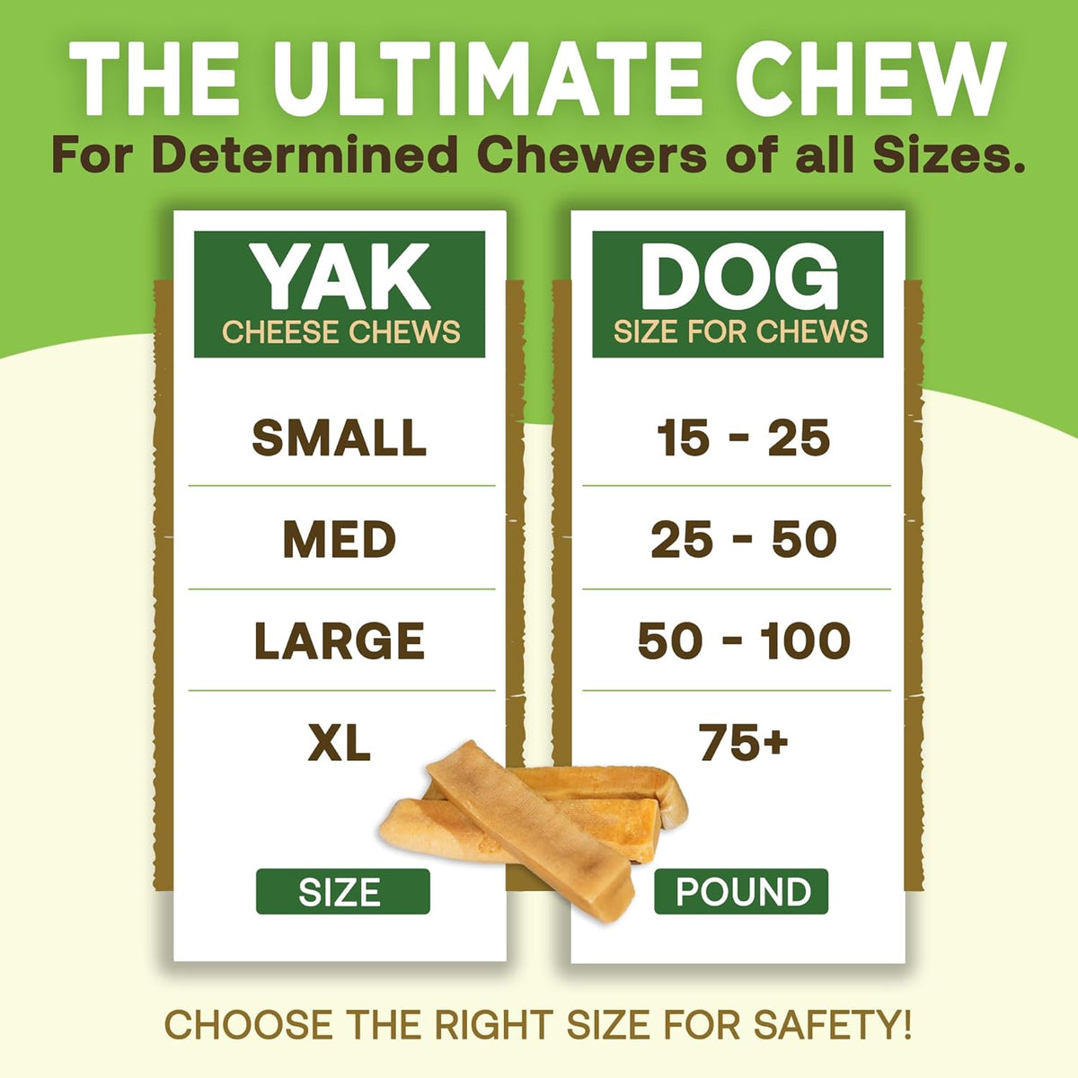 Yak cheese chew size guide — small, medium, large and XL by dog weight