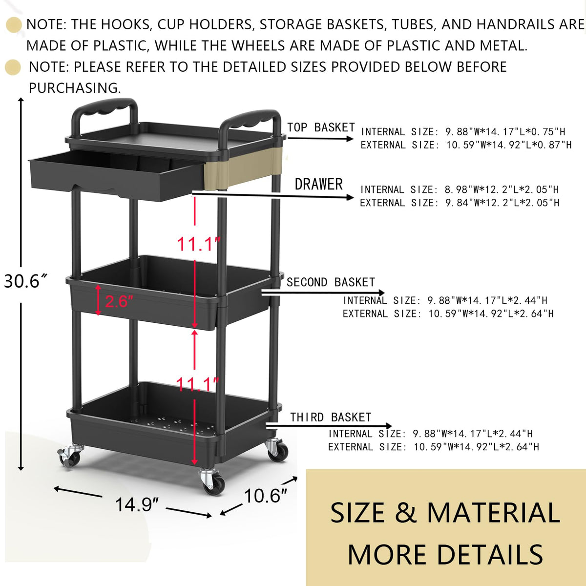Goovilla 3-Tier Rolling Utility Cart with Drawer product image 8