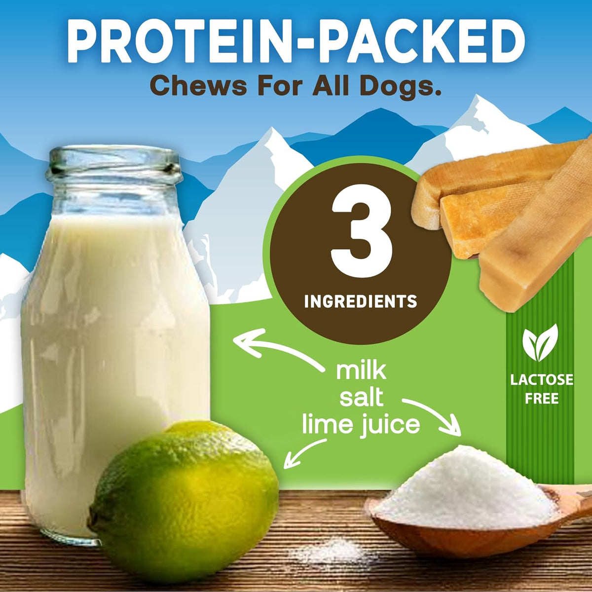 Yak cheese dog chews made with 3 simple ingredients — milk, salt and lime juice