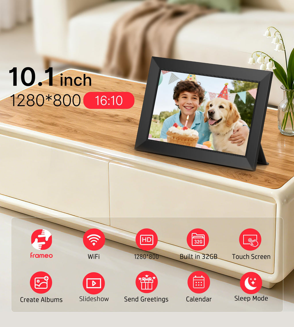 BIGASUO 10.1 in WiFi Digital Picture Frame with Frameo App – 32GB, IPS Touch Screen