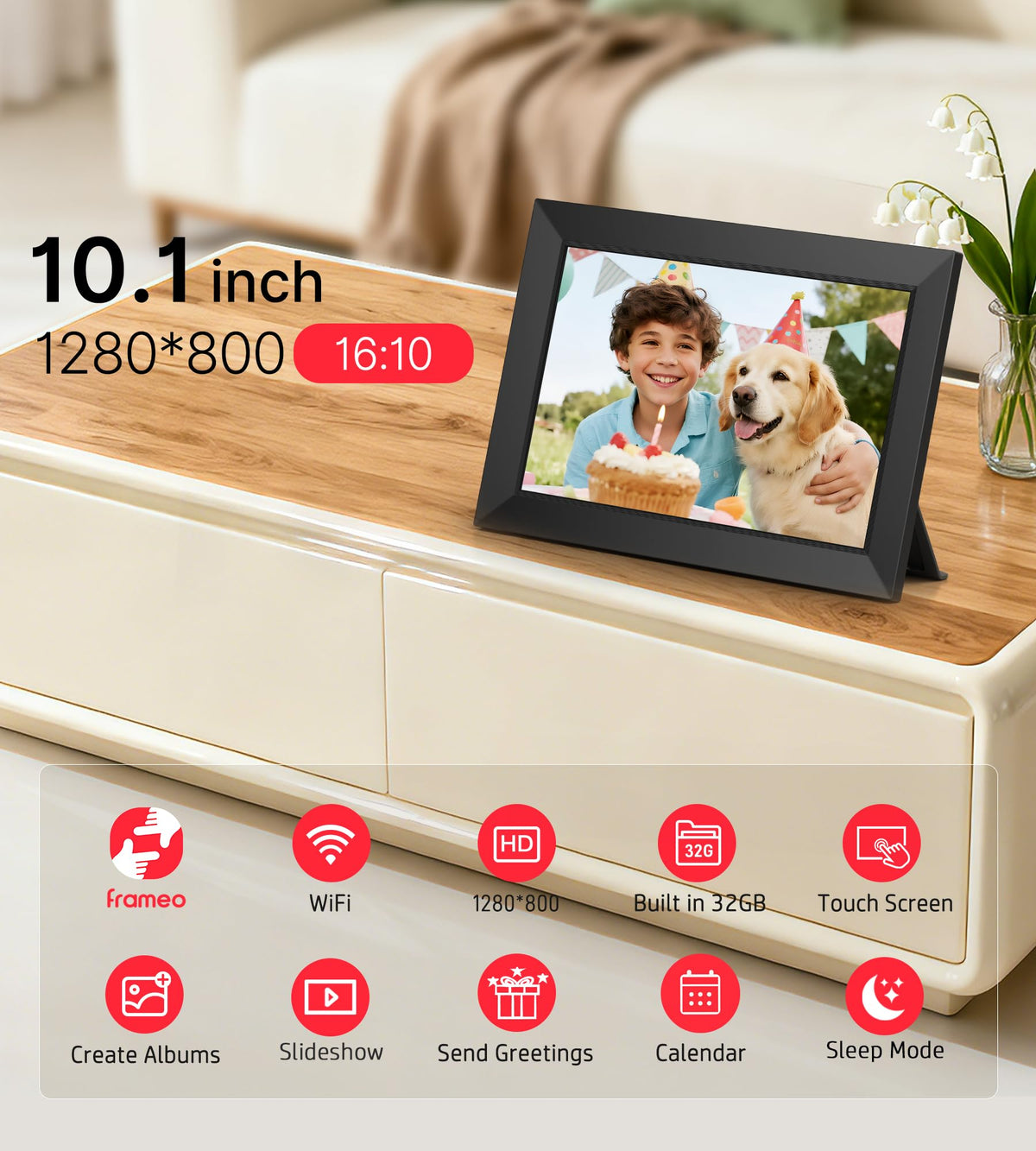 BIGASUO 10.1 in WiFi Digital Picture Frame with Frameo App – 32GB, IPS Touch Screen
