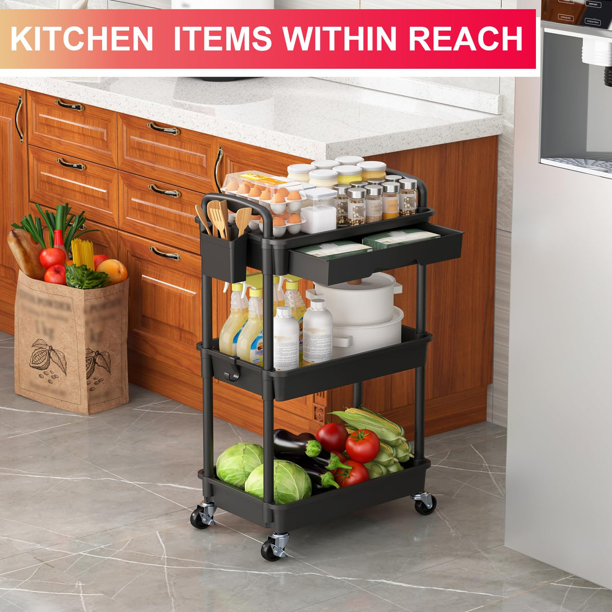 Goovilla 3-Tier Rolling Utility Cart with Drawer product image 7