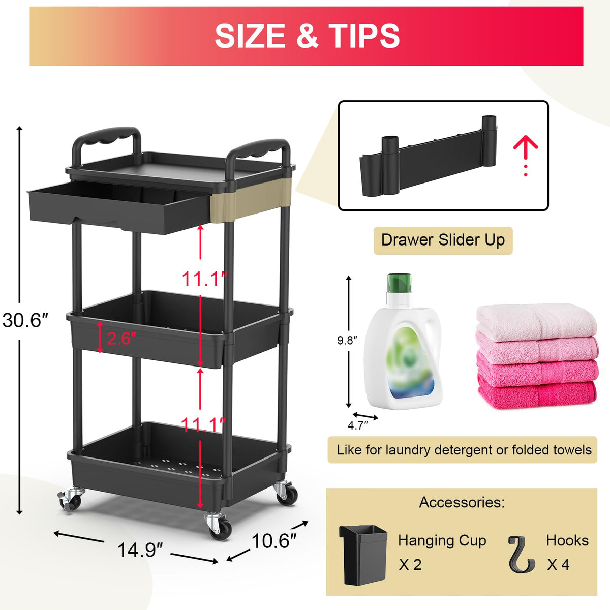 Goovilla 3-Tier Rolling Utility Cart with Drawer product image 4