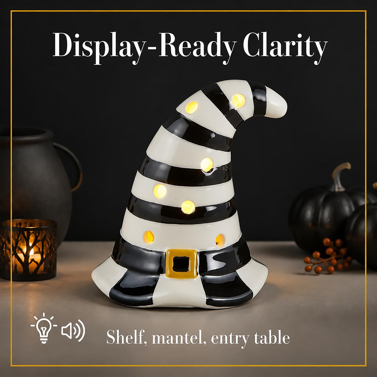 Mud Pie Halloween Light-Up Witch Hat Sitter – Ceramic LED Decor with Sound