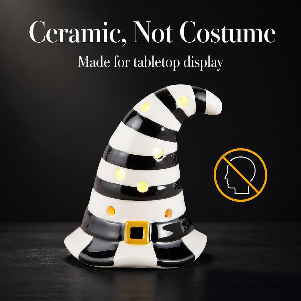 Mud Pie Halloween Light-Up Witch Hat Sitter – Ceramic LED Decor with Sound