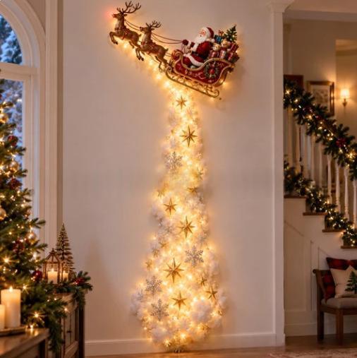 Santa sleigh Christmas wall light in a hallway