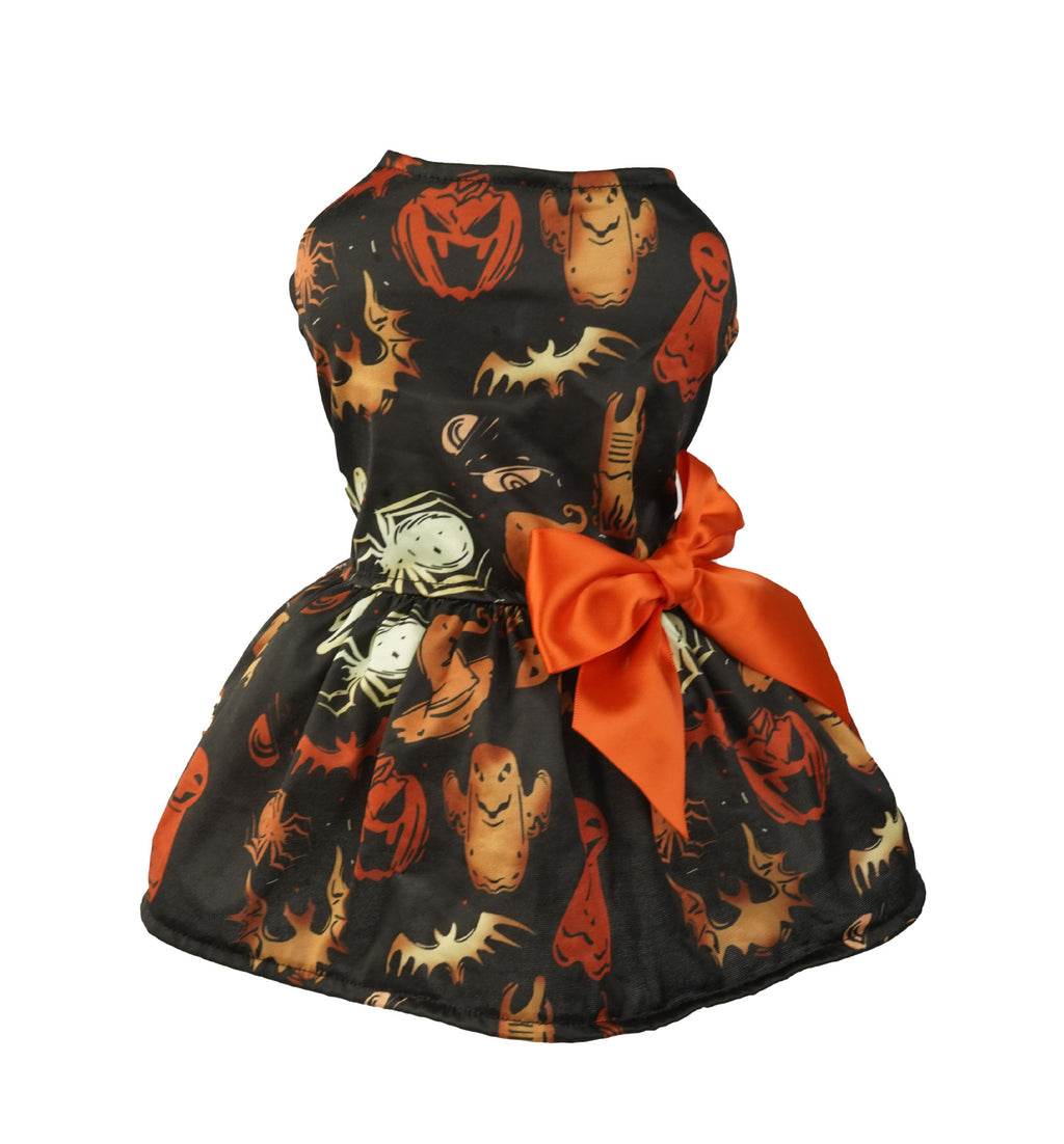 Halloween pumpkin-print pet dress shown on a small dog