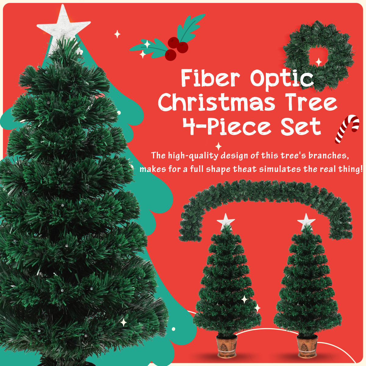 Fibre optic Christmas tree 4-piece set — tree, 2 entrance trees, wreath and garland