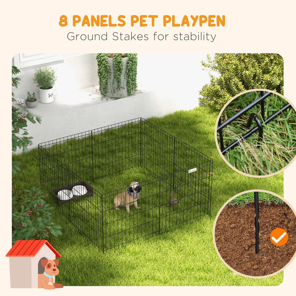 Foldable metal dog playpen set up in a garden with a puppy inside by DealSpark