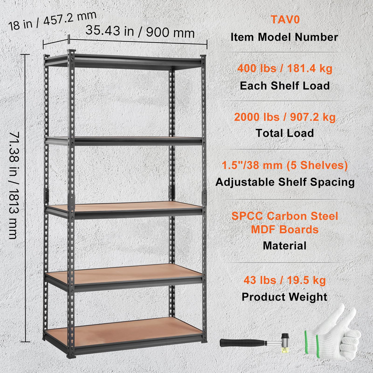 VEVOR 5-Tier Heavy-Duty Storage Shelving — 36 × 18 × 72 in product image 7