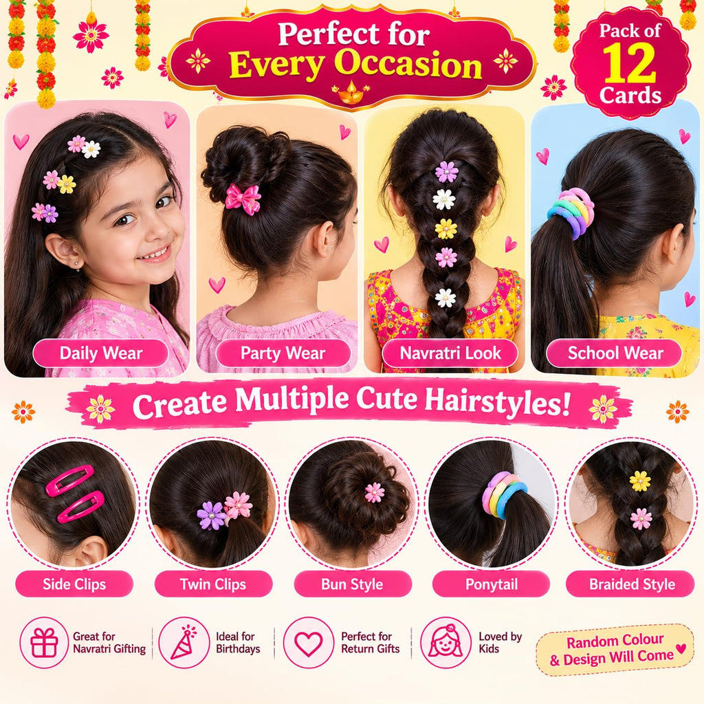 Samyak Kids Hair Clips Set - Mini Clips | Multi Design Cute Bow Clips For Navratri Kanjak Gifts 12 Combo Set
