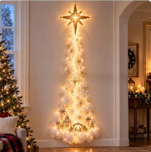 Christmas tree wall light with a star on top, glowing on a wall