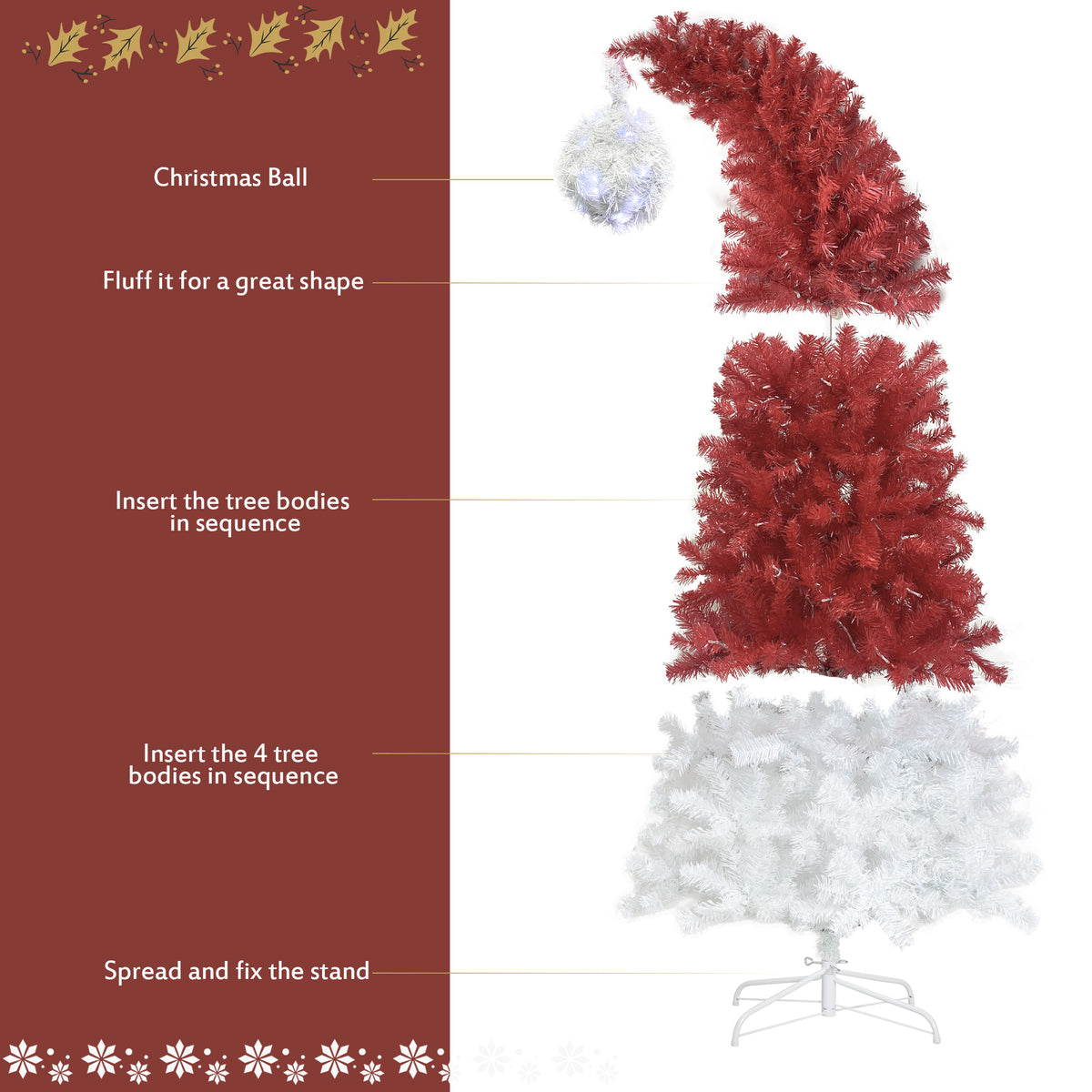 Santa hat tree assembly steps — sections, fluffing and stand