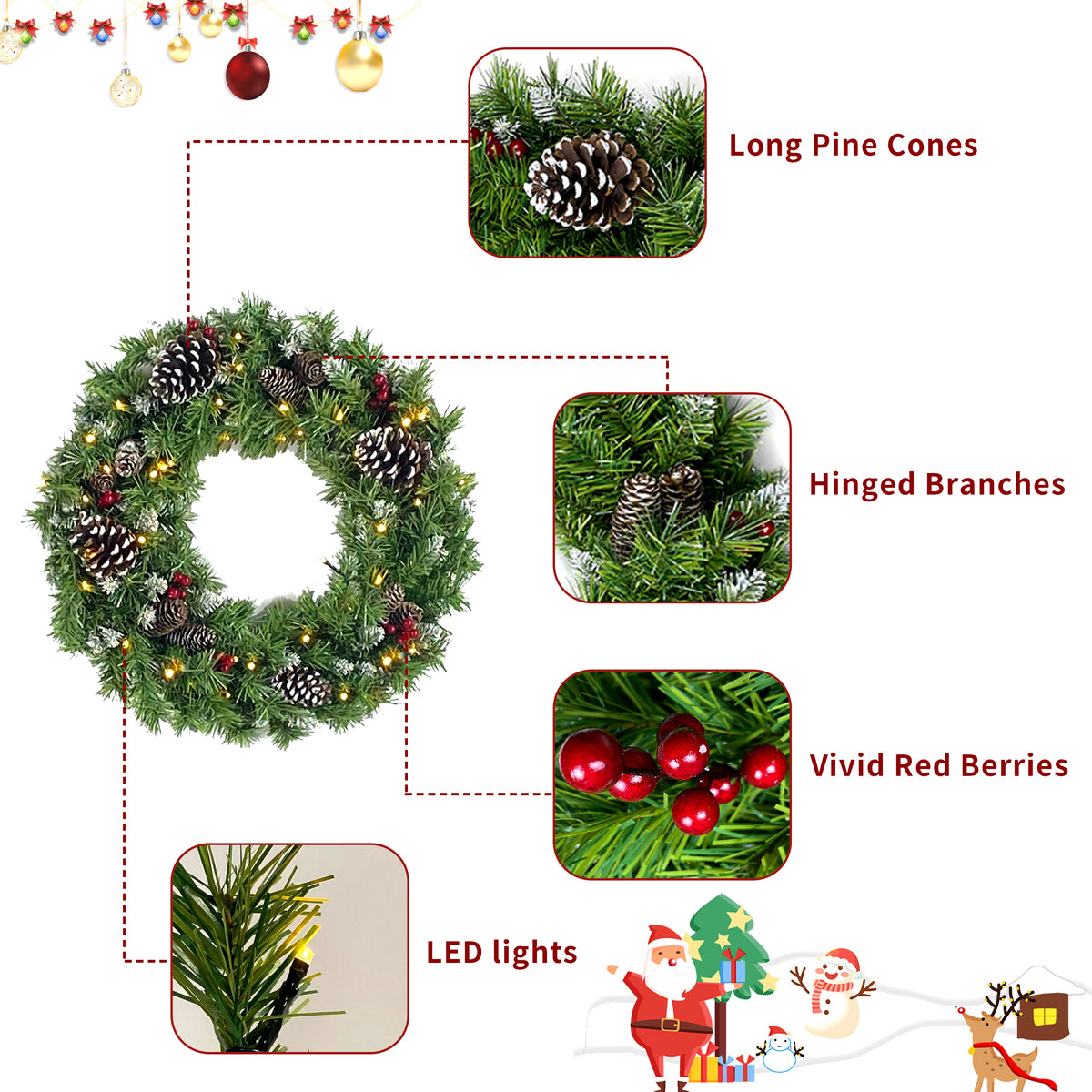Wreath details — pine cones, hinged branches, red berries and LED lights