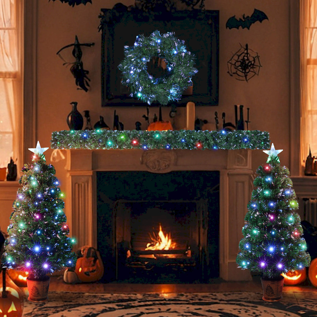 Fireplace decorated with the fibre optic Christmas set at night