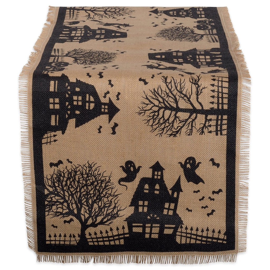 DII Halloween Primitive Style Burlap Tabletop Décor, Spooky Haunted House Jute, Table Runner, 14x113, Black & Tan