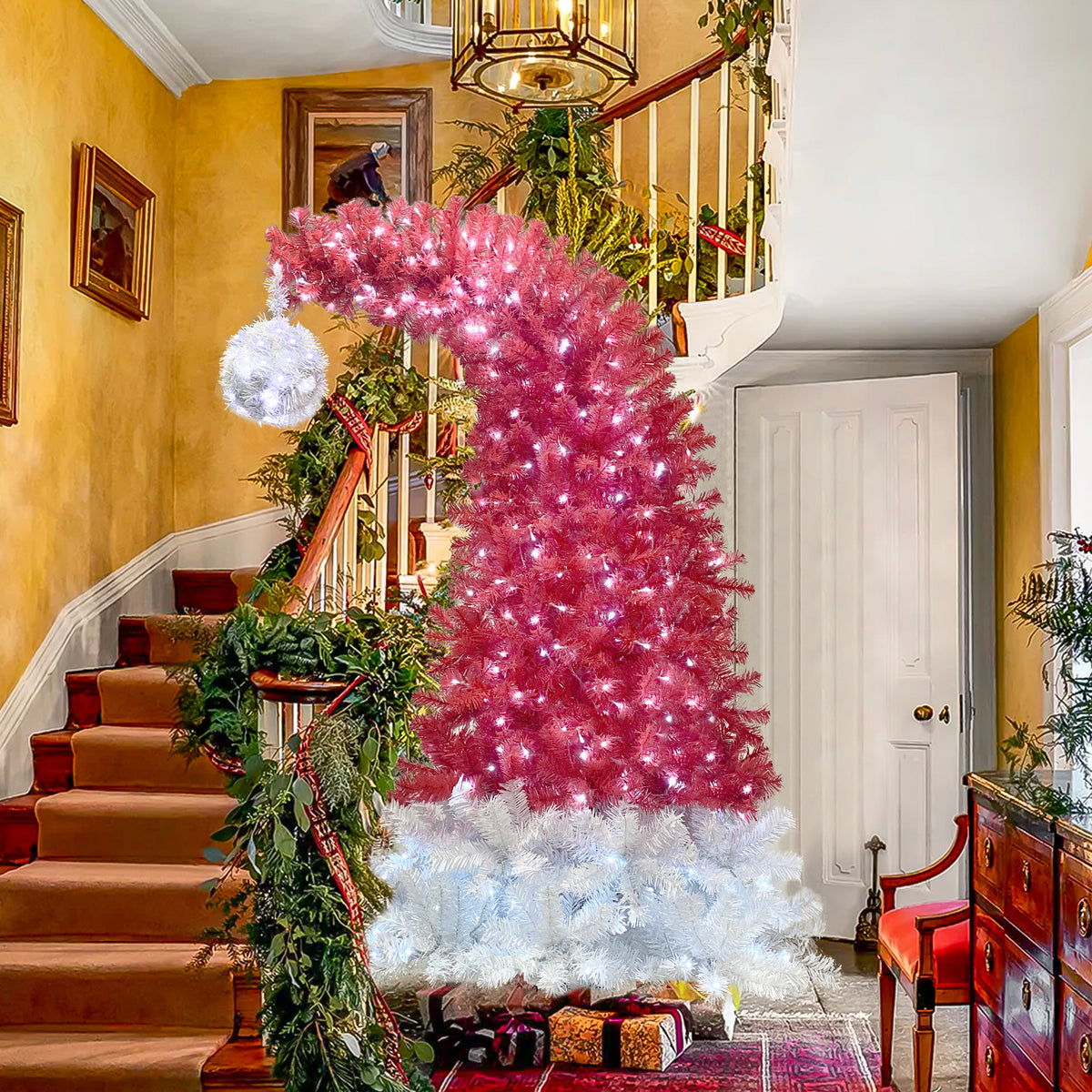 Santa hat Christmas tree in a hallway by the stairs