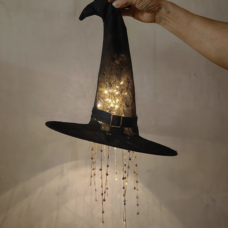 Lighted LED Witch Hat with Stars & Tassels