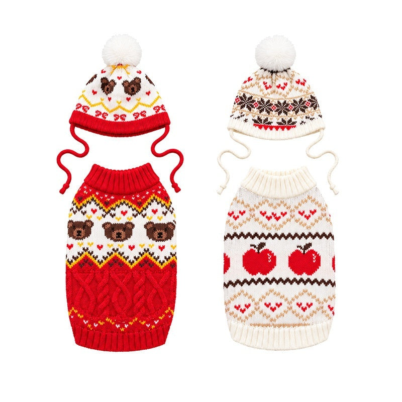 Cable knit hooded pet sweater and hat sets in red and white, flat lay