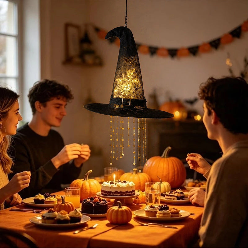 Lighted LED Witch Hat with Stars & Tassels