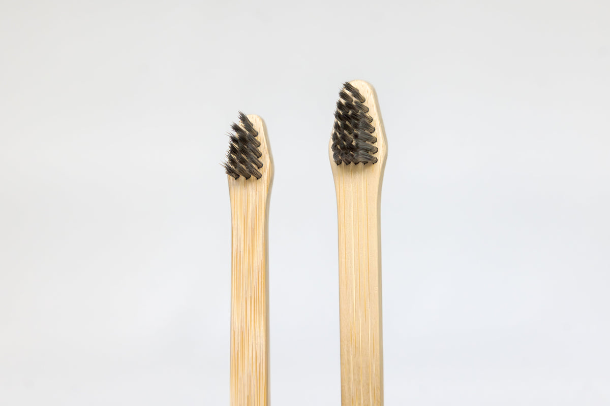 Close-up of the two brush head sizes on the bamboo pet toothbrush