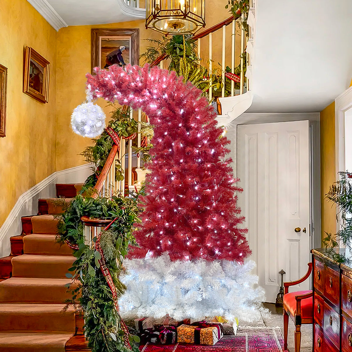 Santa hat tree beside a staircase with presents