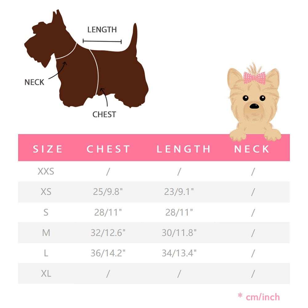 Sailor tutu dog dress size chart — XS to L chest and length