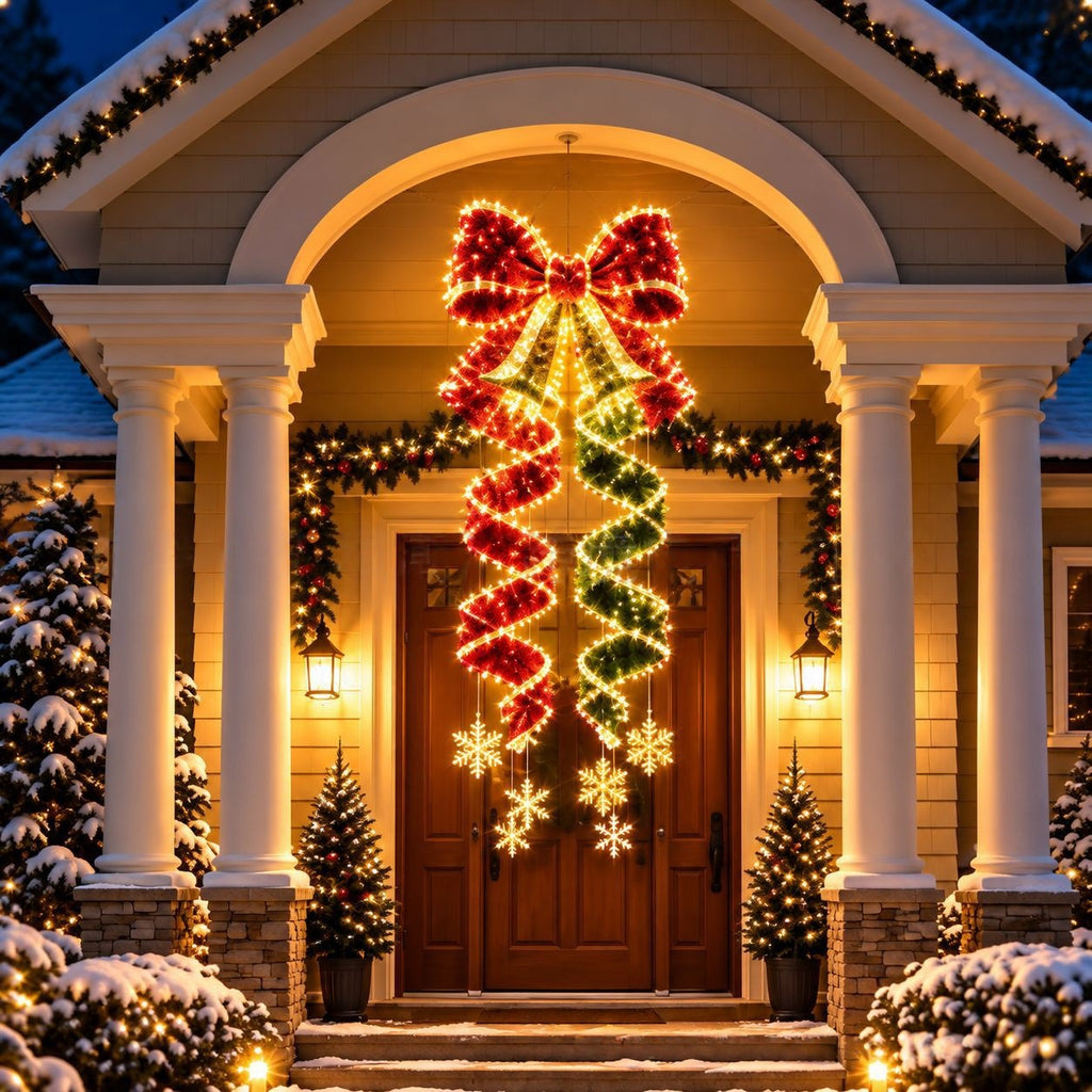 LED hanging bow decoration glowing over a front door by DealSpark