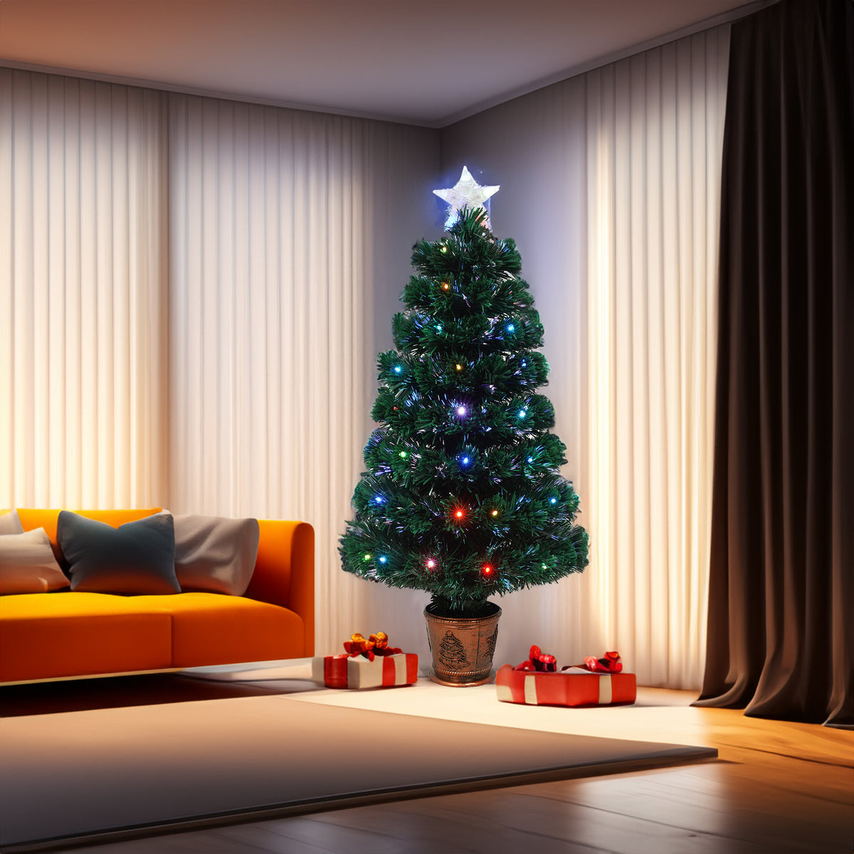 Fibre optic Christmas tree glowing with colourful lights in a living room