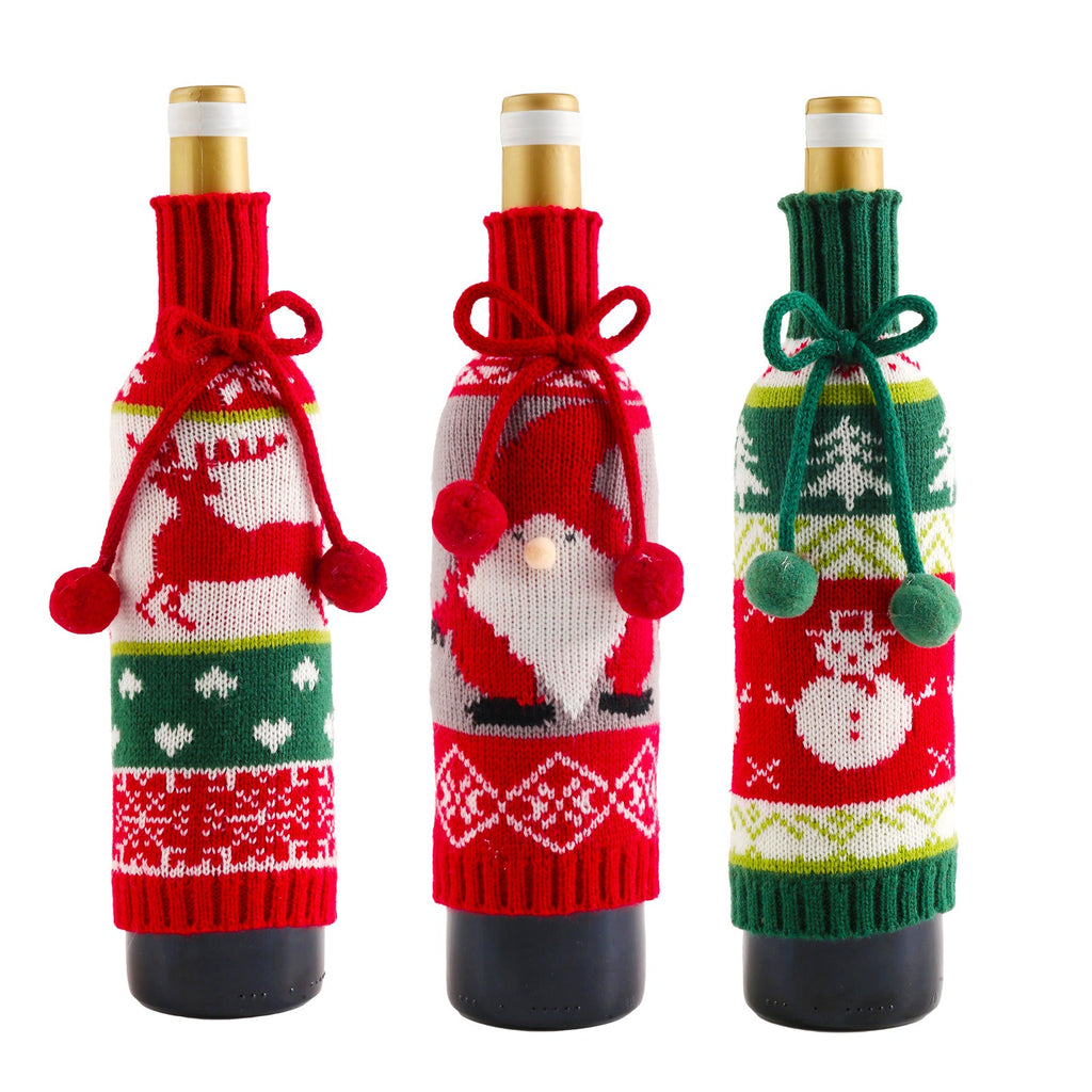 Knitted Christmas wine bottle covers — reindeer, Santa and snowman designs by DealSpark