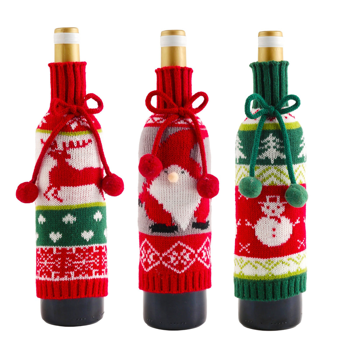 Knitted Christmas wine bottle covers — reindeer, Santa and snowman designs by DealSpark