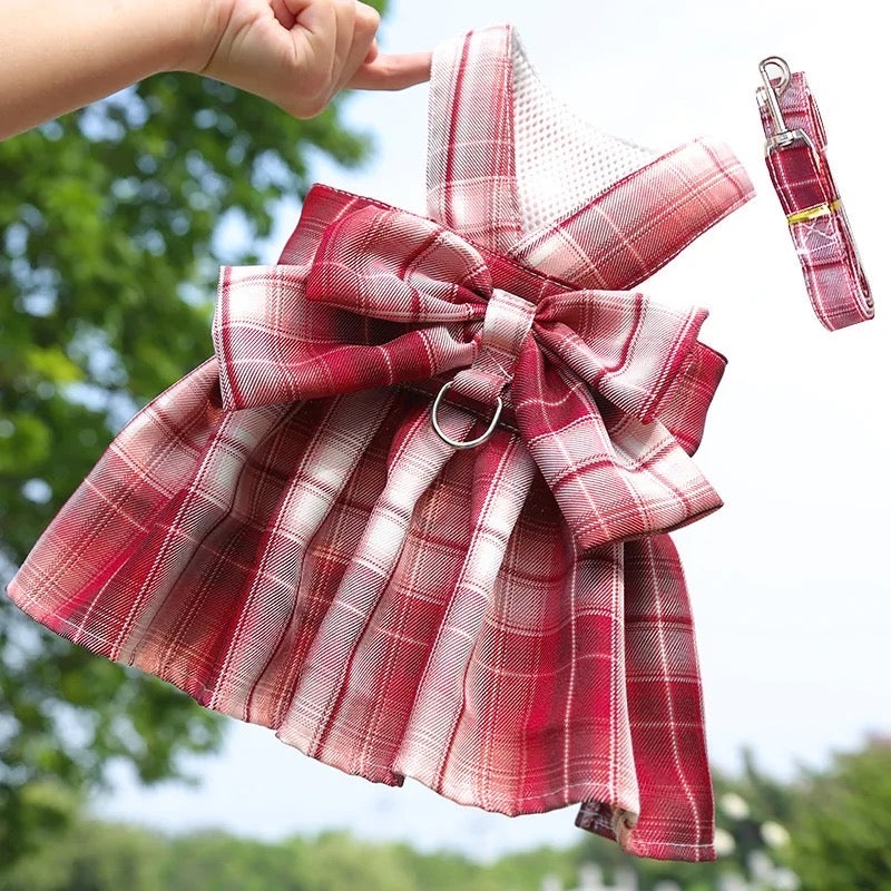 Plaid Bow Dog Dress Harness & Leash Set