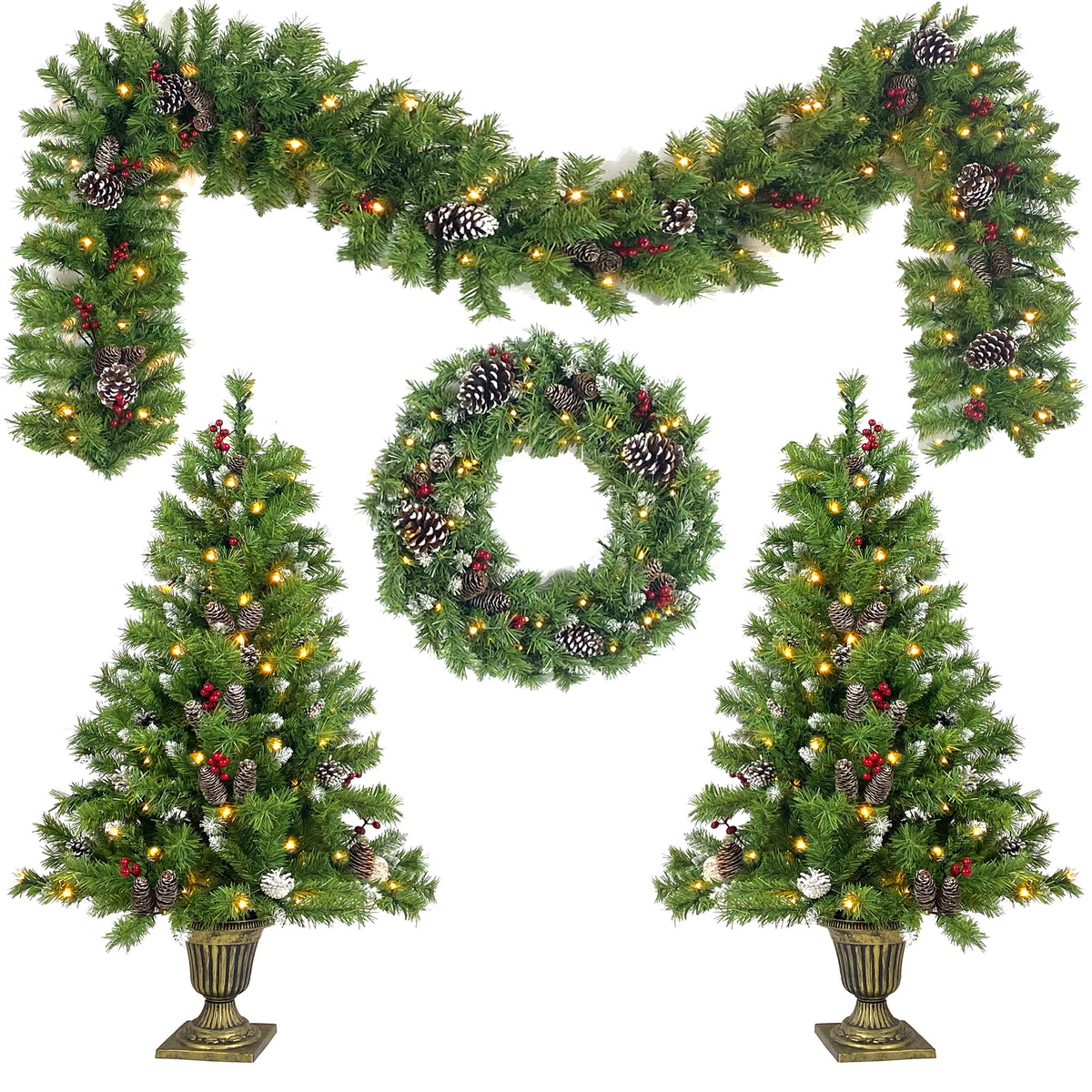 Garland, wreath and entrance trees arranged together