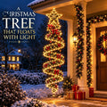 Spiral LED tree hanging decoration lit on a porch