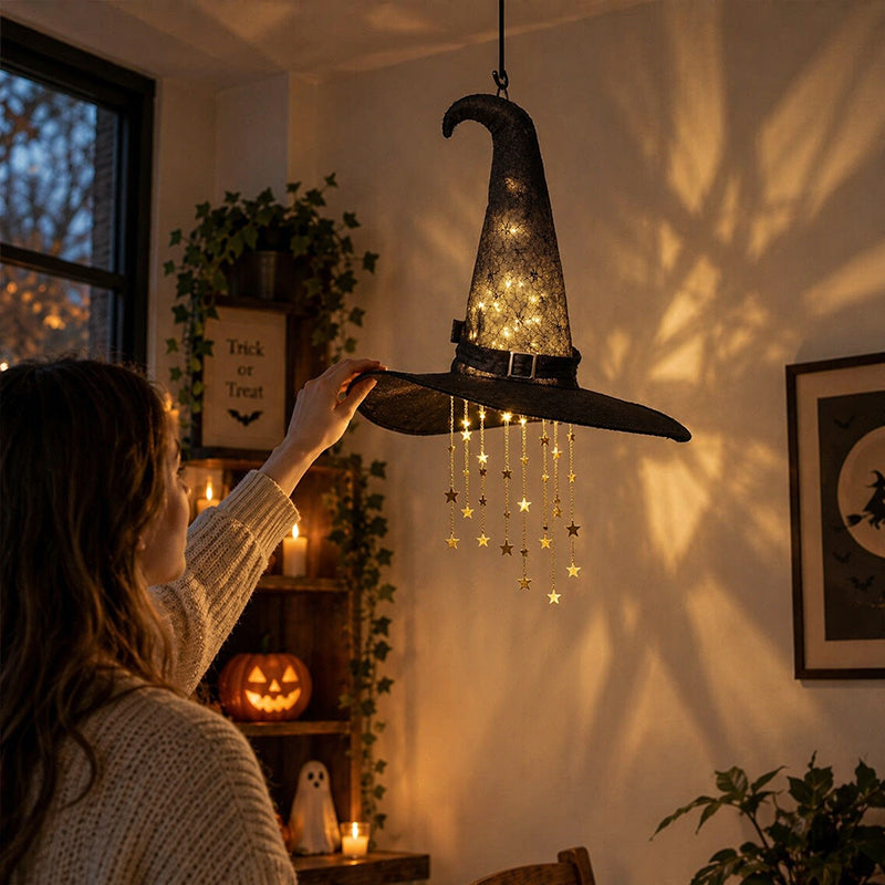 Lighted LED Witch Hat with Stars & Tassels