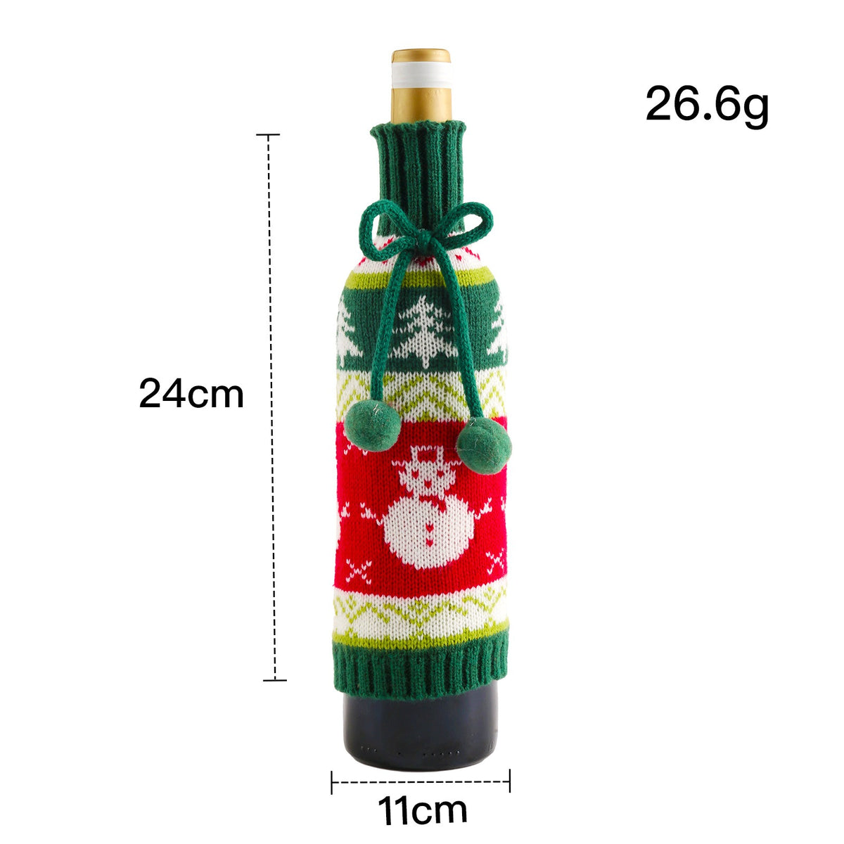 Snowman knitted wine bottle cover in green and red