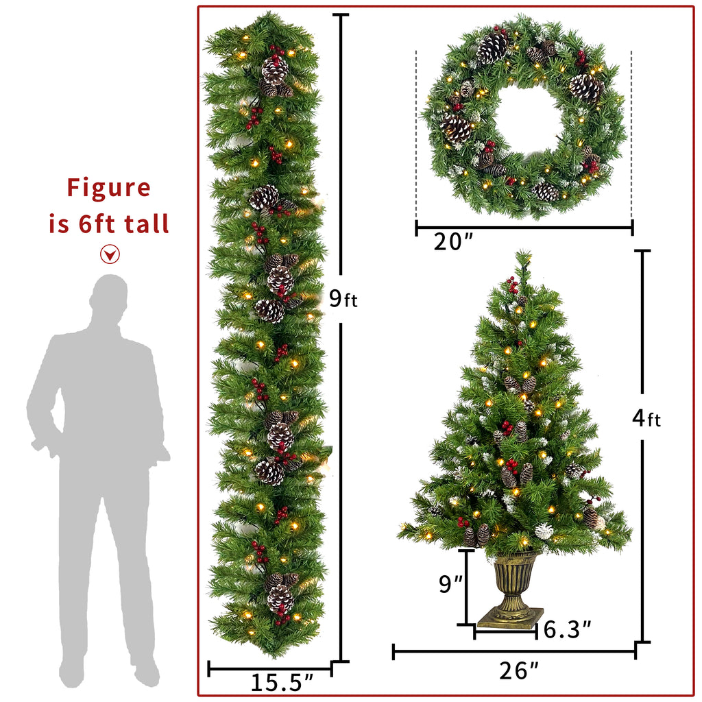 Set size chart — 9 ft garland, 20 in wreath, 4 ft entrance trees