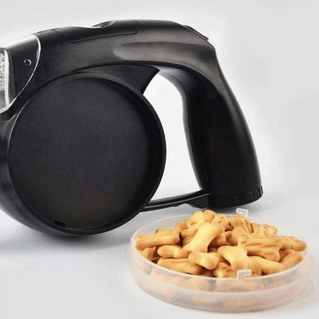 Black 5 in 1 retractable dog leash with the treat storage box open