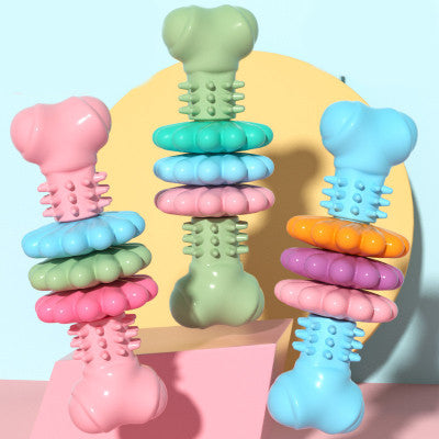 Dog chew bone toys in pink, green and blue