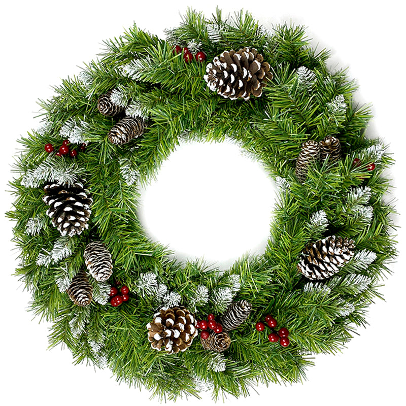 Pre-lit Christmas wreath with pine cones and red berries