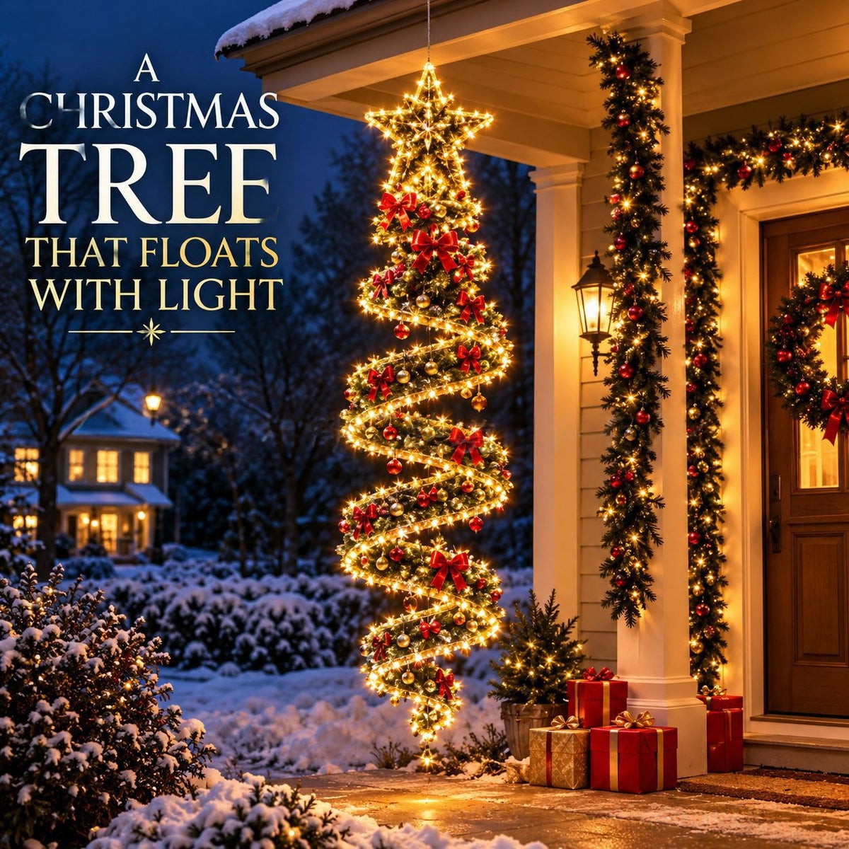 Spiral LED Christmas tree hanging decoration on a porch at night